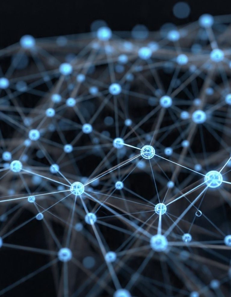 A digital visualisation shows connected blockchain network nodes linking across a supply chain map.